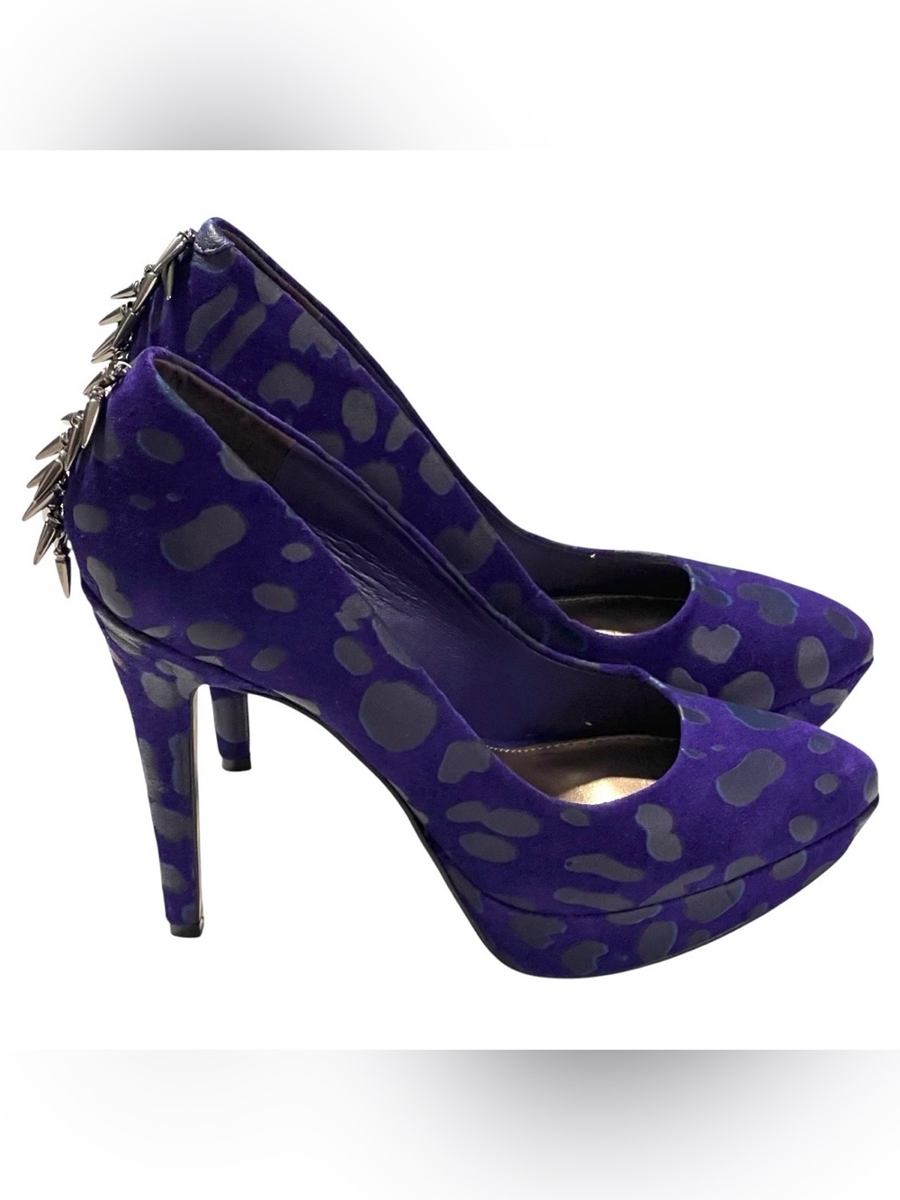 Rachel Roy Spiked Charm Mohawk Purple Animal Print Suede Platform Heels - NEW